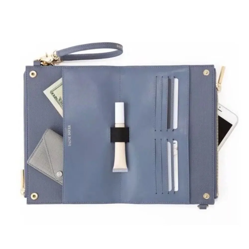 Dagne Dover Double Zip Crossbody in Dusty Blue with Gold Hardware